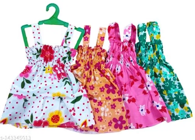 Cotton Frocks for Girls (Multicolor, 0-3 Months) (Pack of 4)