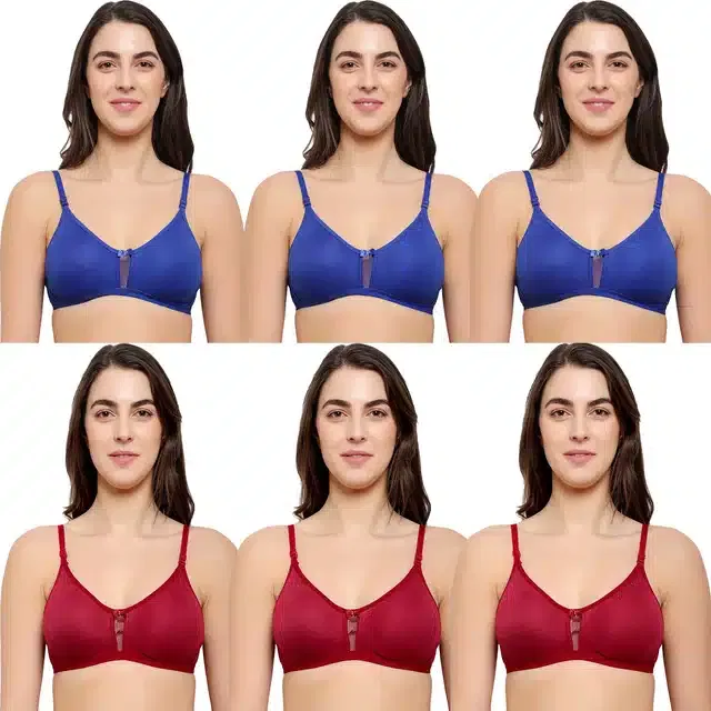 Cotton Blend Non Padded Bra for Women (Blue & Maroon, 36) (Pack of 6)