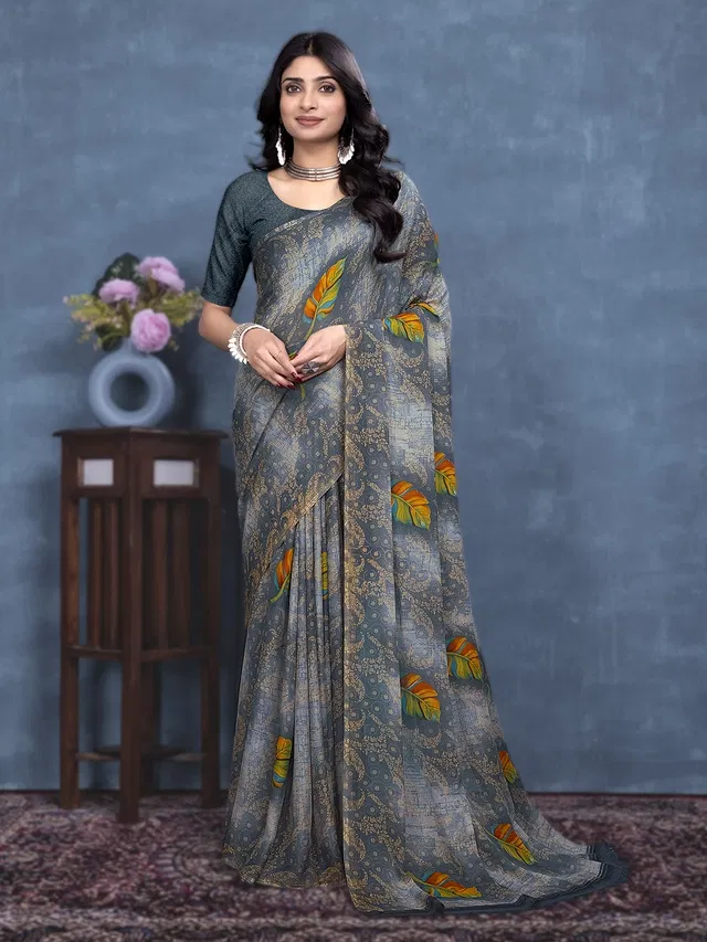 Georgette Printed Saree for Women (Grey, 6.3 m)