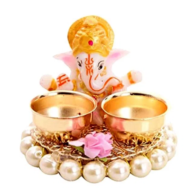 Metal Decorative Ganpati Haldi Kumkum Stand with 2 Roli Chawal Holder, Multicolor