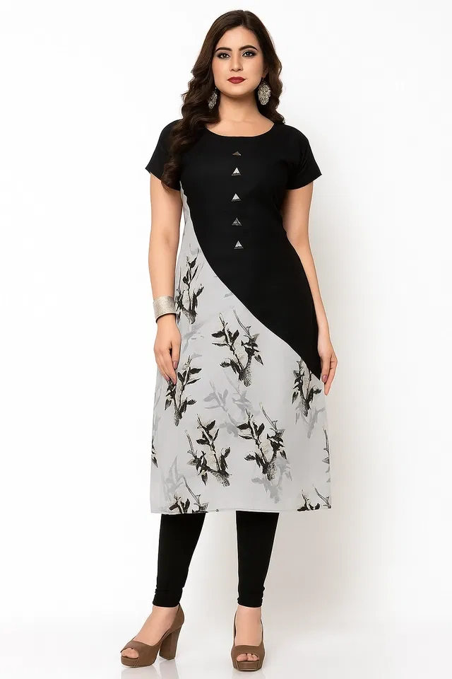 Crepe Printed Kurti for Women (Black, M)