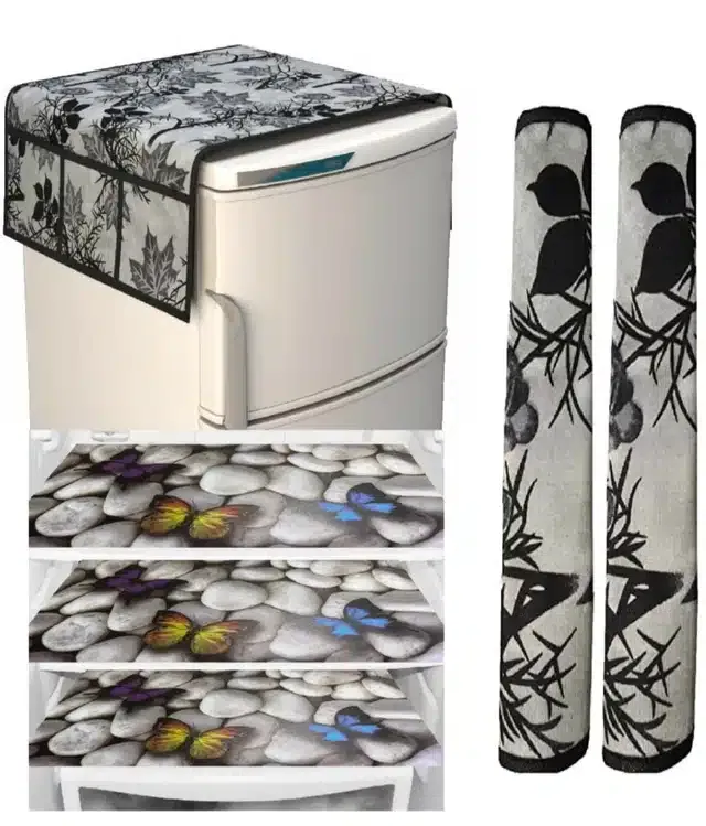 Knit Printed Fridge 3 Pcs Mat with 2 Pcs Handle & Top Cover (Multicolor, Set of 1)