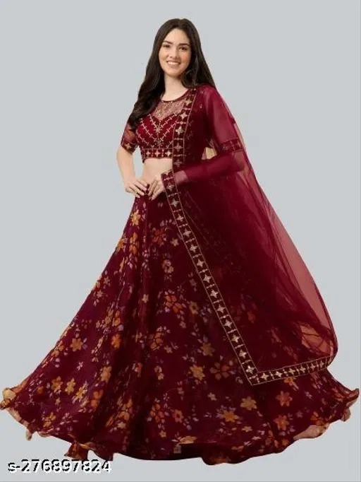 Lehenga Choli for Women (Maroon, Semi Stitched)