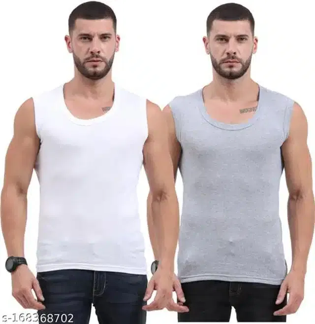 Gym Vests for Men (White & Grey, M) (Pack of 2)