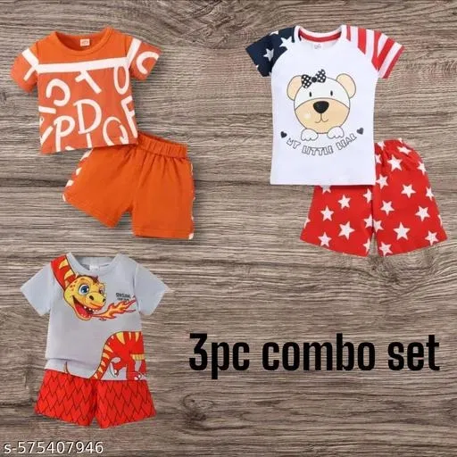 Hosiery Cotton Printed Clothing Set for Kids, Multicolor, Pack of 3 (0-3 Months)