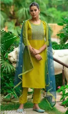 Cotton Blend Embroidered Kurta with Pant & Dupatta for Women 