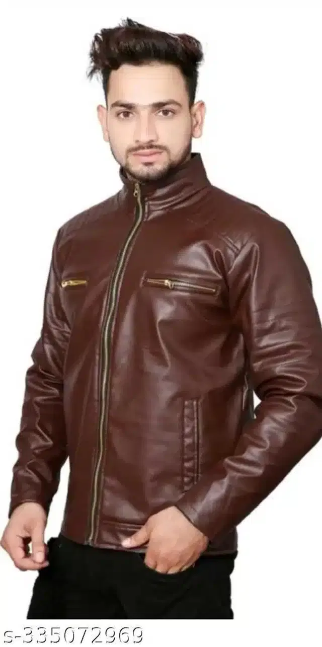 Synthetic Leather Full Sleeves Solid Jacket for Men (Dark Brown, XL)