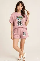 Cotton Blend Printed Top & Bottom Set for Women, Pink 