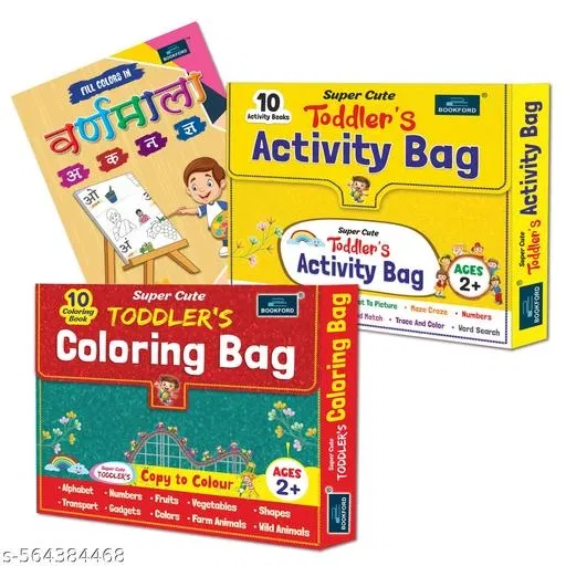 Super Cute Toddlers Activity Bag + Super Cute Coloring Bag + Fill in Color Hindi Varnamala Book (Set of 3) – Fun Learning Kit for Early Hindi Alphabet Practice