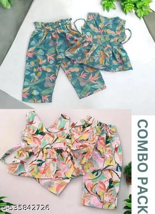 Rayon Slub Printed Clothing Set for Girls, Multicolour, Pack of 2 (9-12 Months)