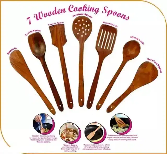 Serving and Cooking Spoon Spatula Set (Brown, Set of 7)