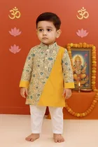 Cotton Printed Kurta with Payjama for Boys, Yellow & White 