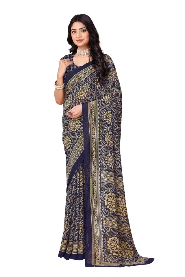 Georgette Printed Saree for Women (Navy Blue, 6.3 m)