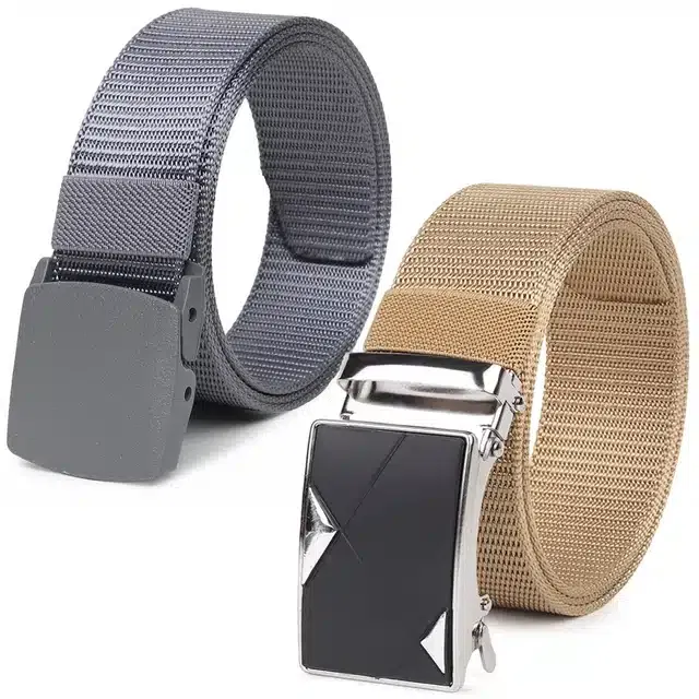 Casual Nylon Belts for Men (Grey & Cream, Pack of 2)