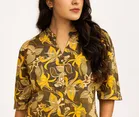 Women's Tropical Floral Print Mandarin Collar Top, L 