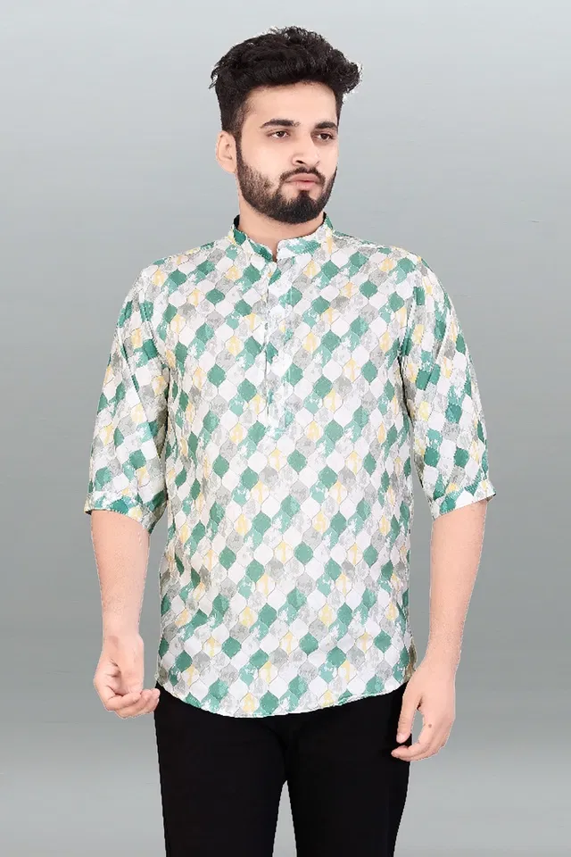 Cotton Blend Printed Kurta for Men (Optical White, L)