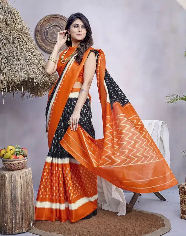 Art Silk Printed Saree for Women (Orange, 6 m)