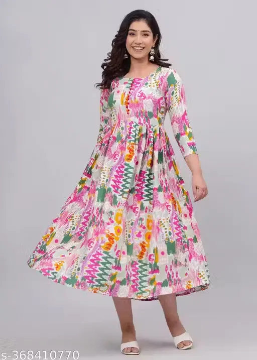 Rayon Printed Anarkali Kurti for Women, Multicolor (L)