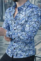Lycra Geometric Print Shirt for Men, Blue 