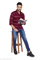 Cotton Blend Striped Shirt for Men, Maroon 