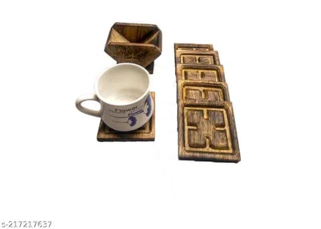 Wooden Coaster (6 Pcs) with Holder (Brown, Set of 2)