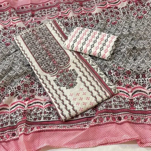 100% Cotton Printed Unstitched Suits Fabric for Women (Pink & White)