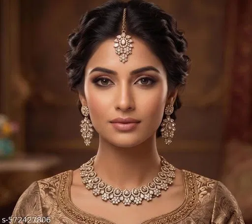 Dazzling Blend of golden Crystals and premium colour Kundan Partywear Necklace Set for Women (White, Free Size)