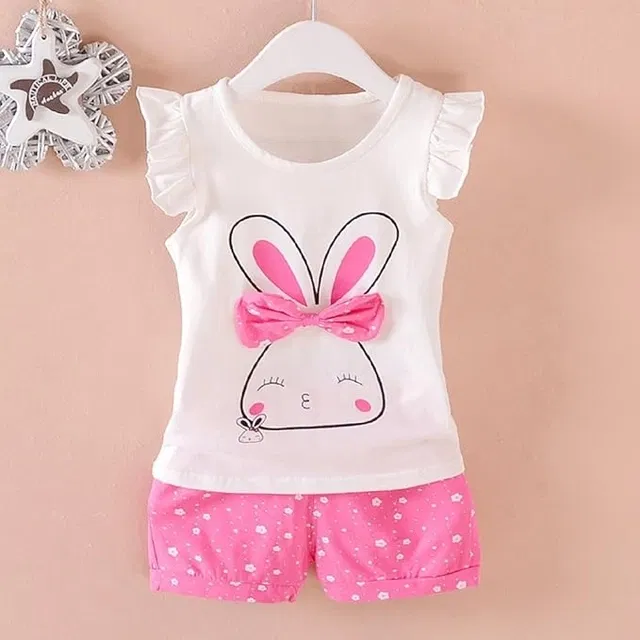 Hosiery Cotton Printed Clothings Set for Girls (White & Pink, 12-18 Months)