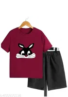 Cotton Blend Printed Clothing Set for Boys, Maroon 