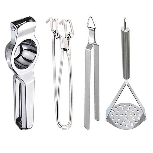 Stainless Steel Lemon Squeezer & Pakkad & Roti Chimta & Potato Masher For Kitchen (Set of 4) (OC-048)