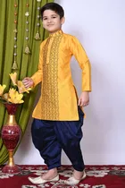 Dupion Silk Embroidery Kurta with Dhoti for Boys, Yellow & Navy Blue 