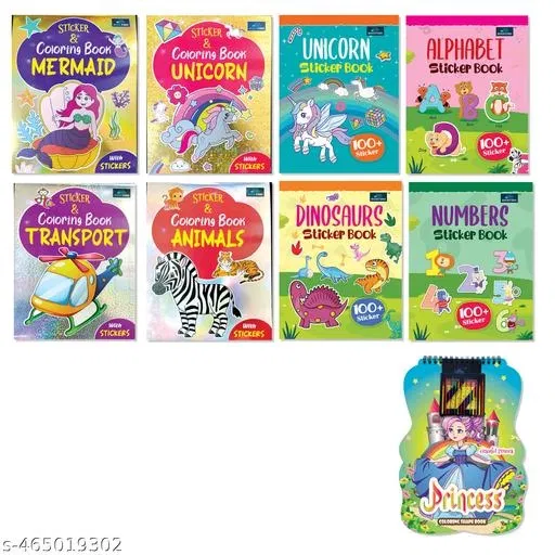 Bookford Cute Copy Coloring & Sticker Books Amazing Combo Set for kids - Set of 9 books - Mermaid, Dinosaurs, Princess, and Many more
