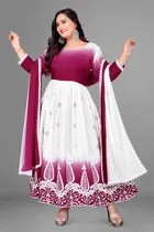 Jute Silk Ethnic Motif Gown with Dupatta for Women (Purple & White, S)