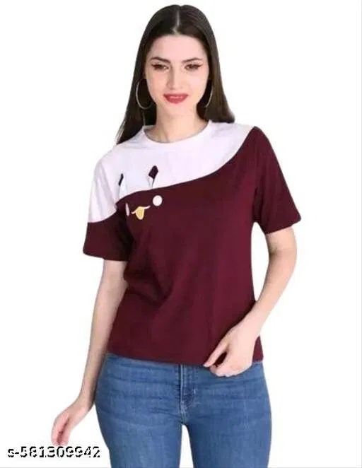 Polycotton Printed T-Shirt for Women, Maroon (XL)