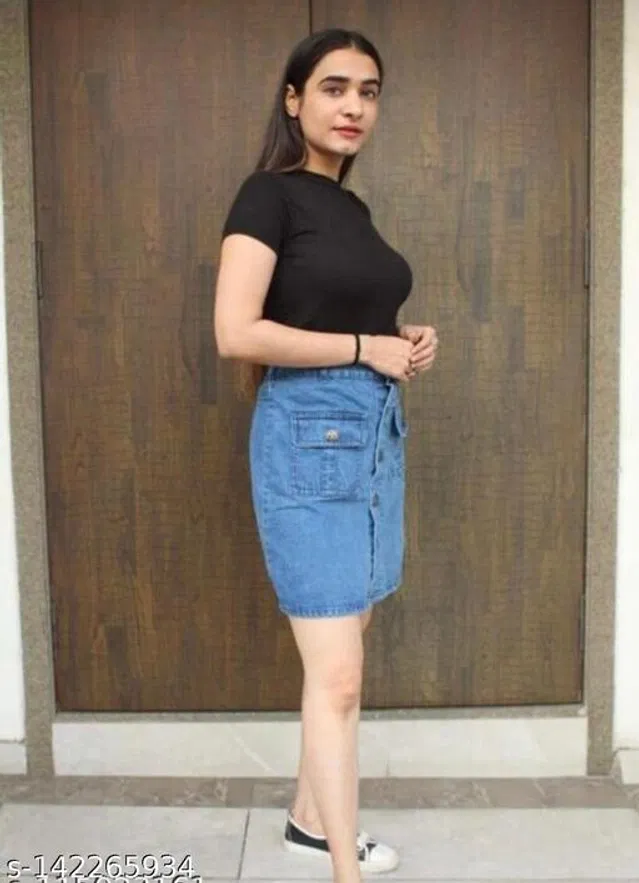 Denim Solid Skirt for Women (Sky Blue, 30)