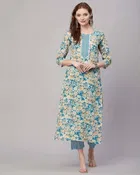 Women Cotton Blend Kurti Pant Set (M)