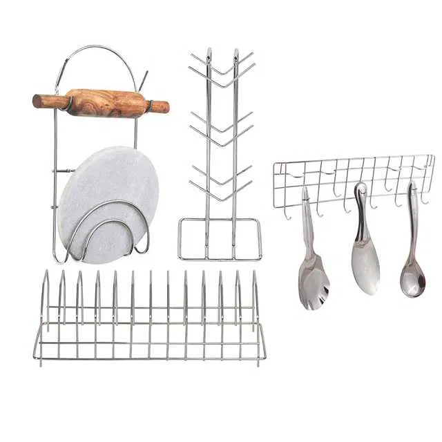 Stainless Steel Cup Stand & Plate Stand & Chakla Belan Stand & Hook Rail For Kitchen (Set of 4) (OC-020)
