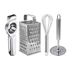 Oc9 Stainless Steel Lemon Squeezer & 4 in 1 Grater Or Slicer & Egg Whisk & Potato Masher Kitchen Tool Set 