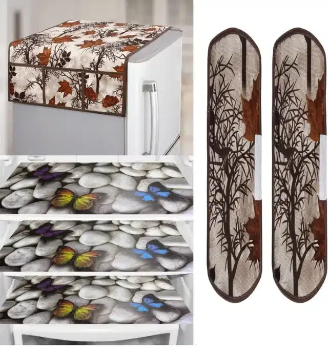 Knit Printed Fridge 3 Pcs Mat with 2 Pcs Handle & Top Cover (Multicolor, Set of 1)