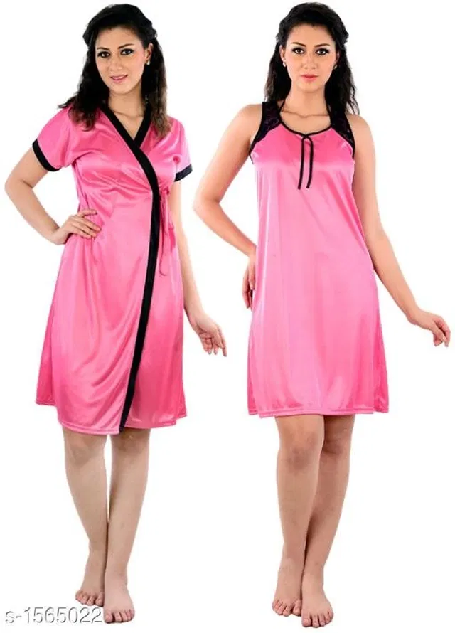 Satin Nightdress Set for Women (Pink, Free Size)