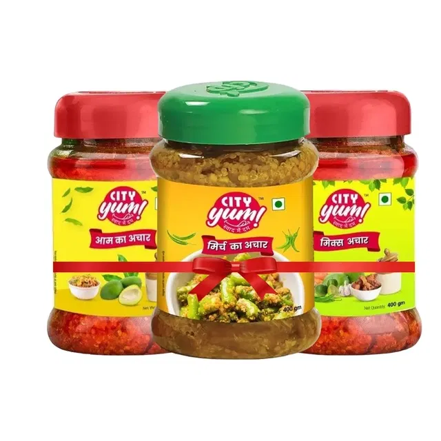 सिटी यम अचार कॉम्बो पैक (मिक्स अचार 400 g + हरी मिर्च अचार 400 g + आम का अचार 400 g)