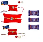 Combo of 3 Pcs Rakhi, 4.5 inch Plate, Greeting Card, Roli Chawal & 3 Pcs Chocolate 