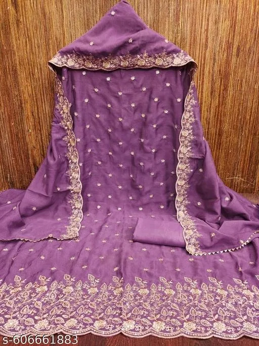 Lucknowi Embroidered Vichitra Silk Unstitched Dress Material (Lavender, Un Stitched)