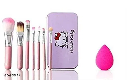 Makeup Brushes With Hello Kitty Print Storage Box and Makeup Blending 1 Puff Sponge - (Pink Colour) , (Pack of 8) ,
