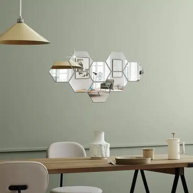 Acrylic Hexagon Shaped Wall Mirror Stickers (Silver, Pack of 8)