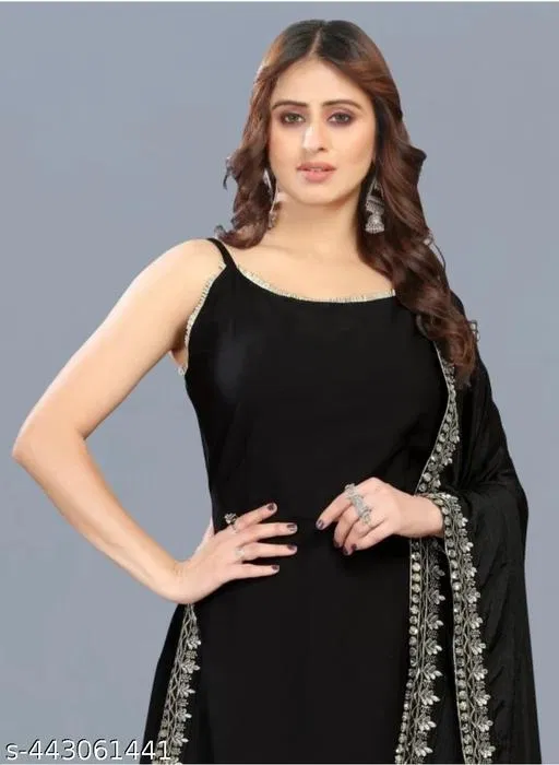 Embroidery Kurta Plazzo Set With Dupatta for Women (Black, S)