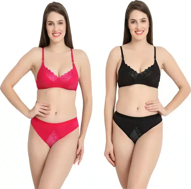 Silk Blend Lingerie Set for Women (Pink & Black, 36) (Set of 2)