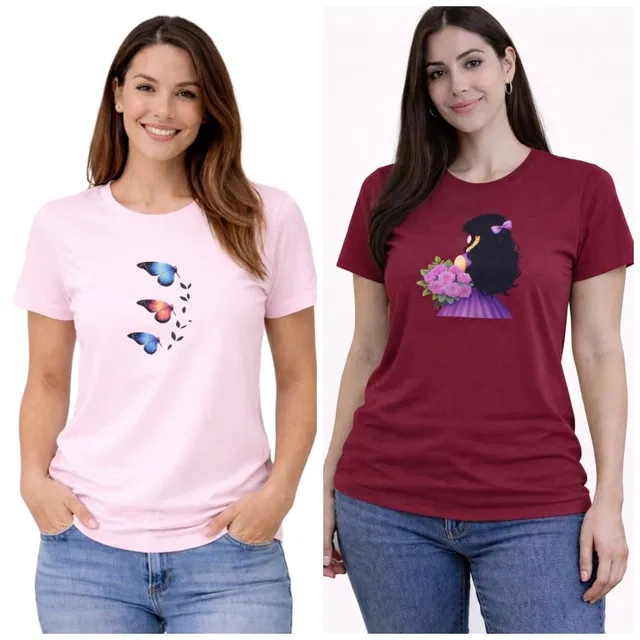 Cotton Blend T-shirt for Women, Maroon & Pink, Pack of 2 (XL)