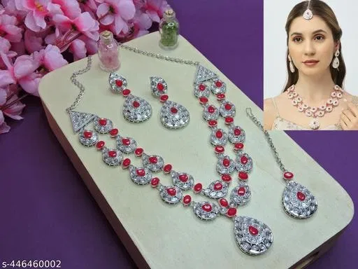 2 Layer Silver Finish Partywear Necklace Set for Women (Red, Free Size)