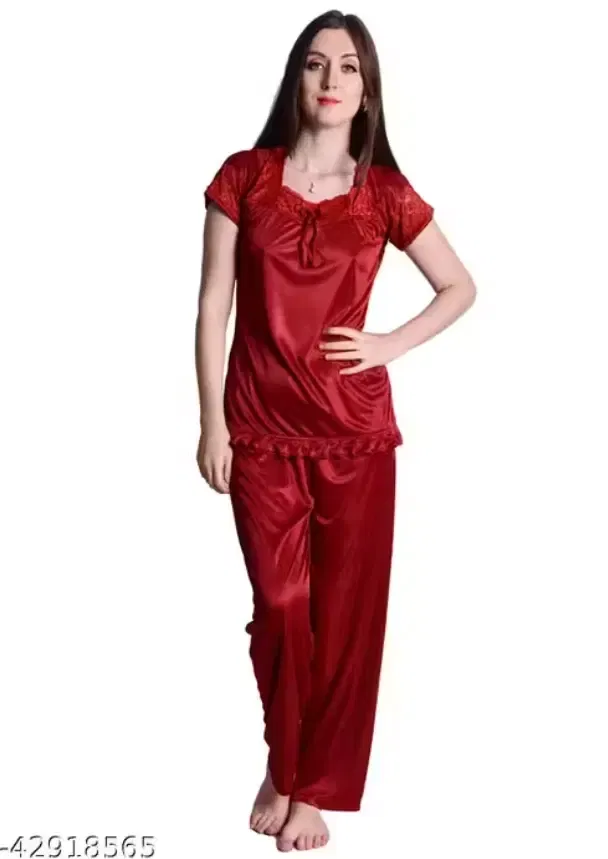 Comfortable Satin Nightsuits for Women, Red (L)